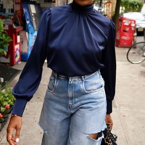 Amazon the Drop: Karen Brit Chic Navy satin high neck blouse